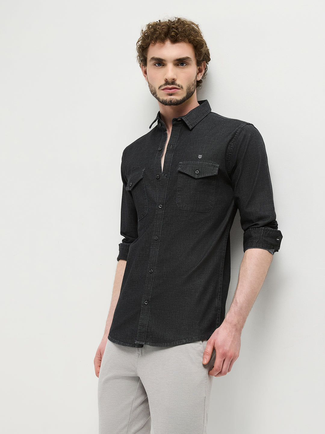 Black Plain Denim Shirt