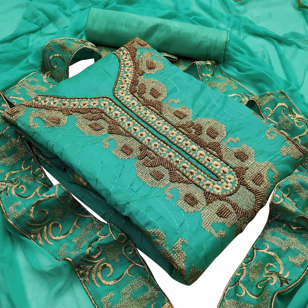 Groovy Turquoise Green Colored Casual Wear Embroidered Heavy Modal Silk Dress Material