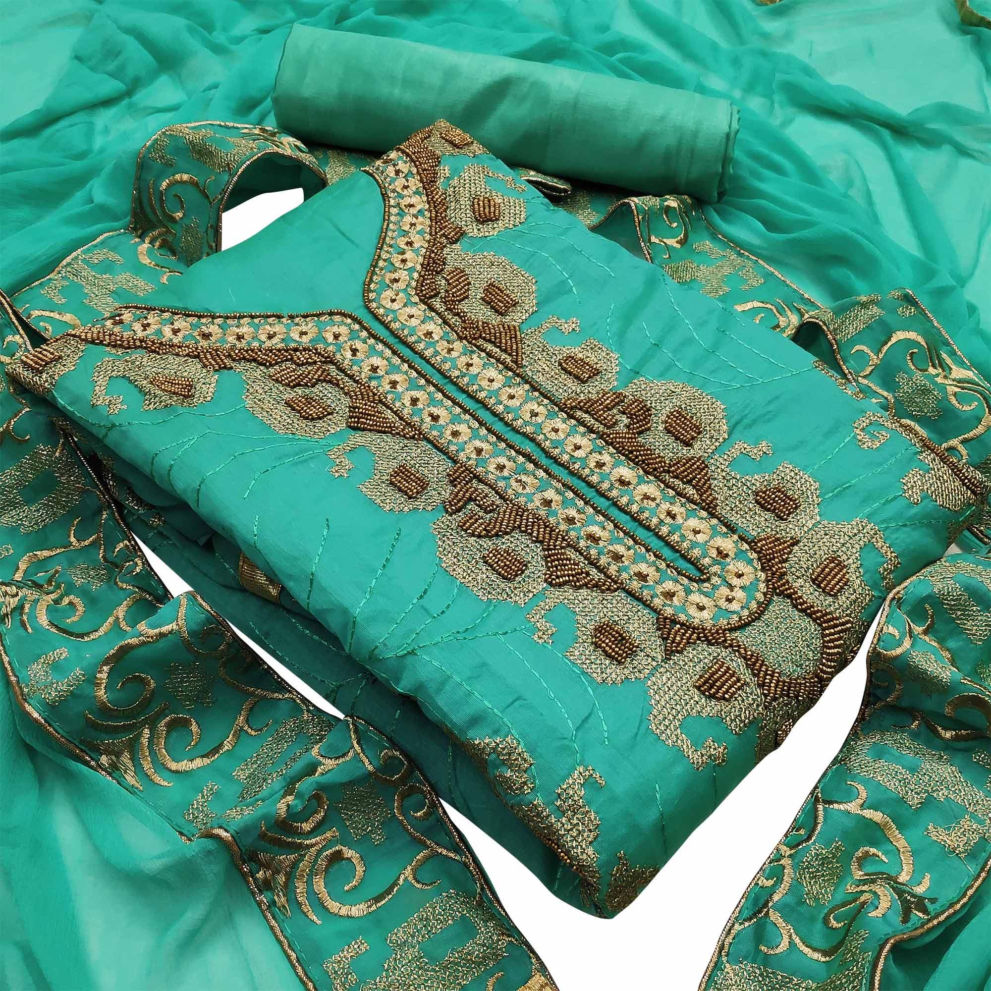 Groovy Turquoise Green Colored Casual Wear Embroidered Heavy Modal Silk Dress Material