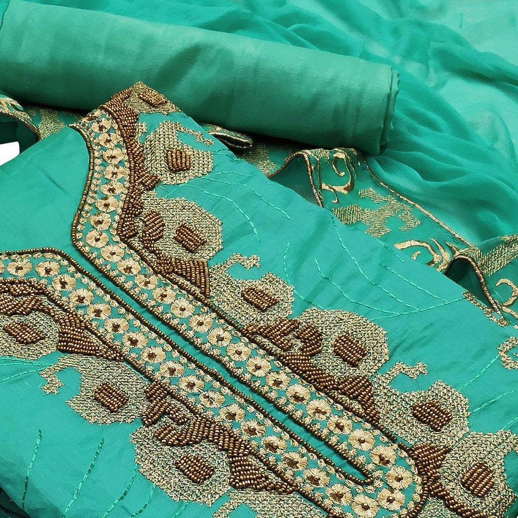 Groovy Turquoise Green Colored Casual Wear Embroidered Heavy Modal Silk Dress Material