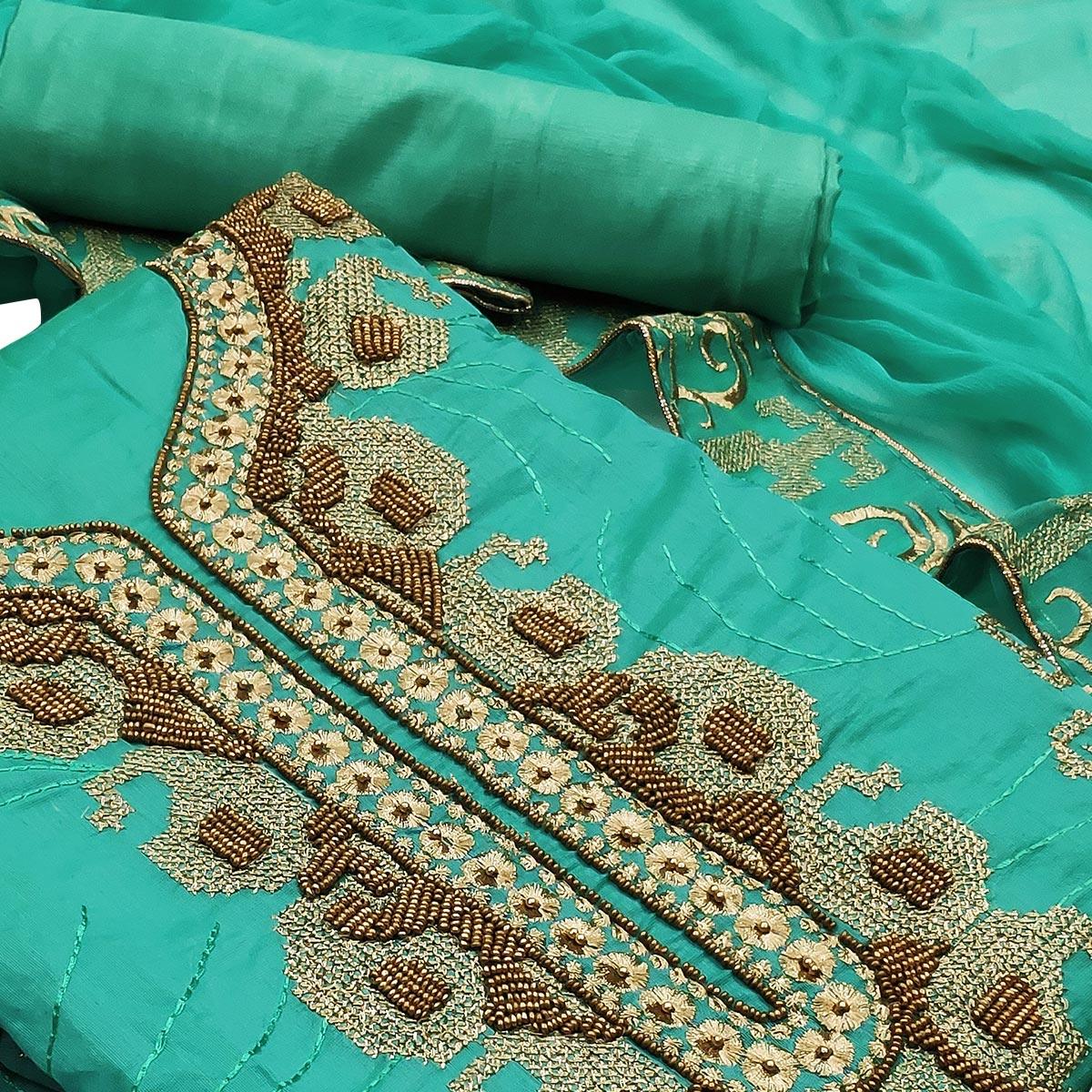 Groovy Turquoise Green Colored Casual Wear Embroidered Heavy Modal Silk Dress Material