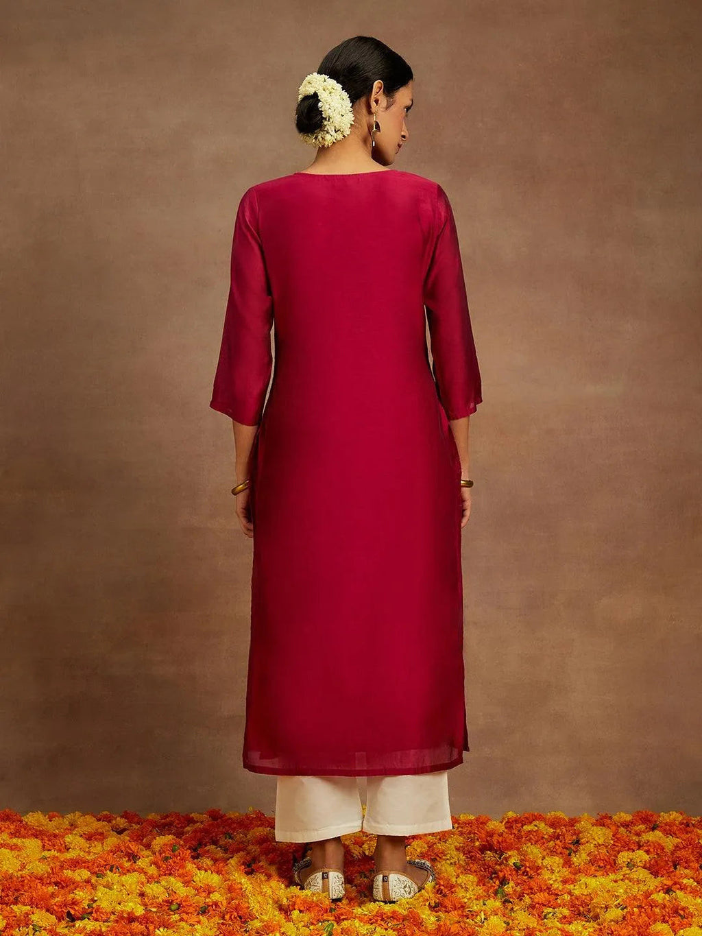 Hot Pink Embroidered Chanderi Silk Straight Kurta