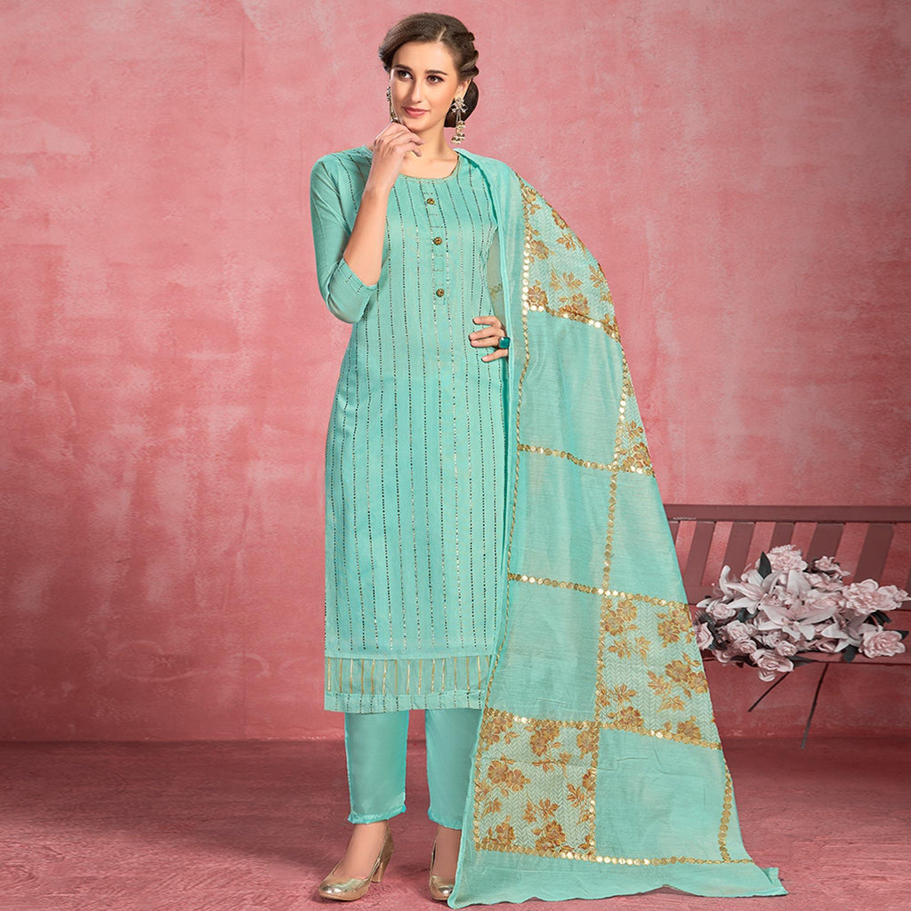 Ideal Turquoise Blue Colored Partywear Embroidered Pure Cotton Dress Material