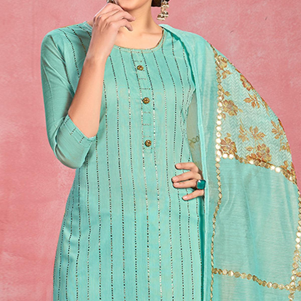 Ideal Turquoise Blue Colored Partywear Embroidered Pure Cotton Dress Material