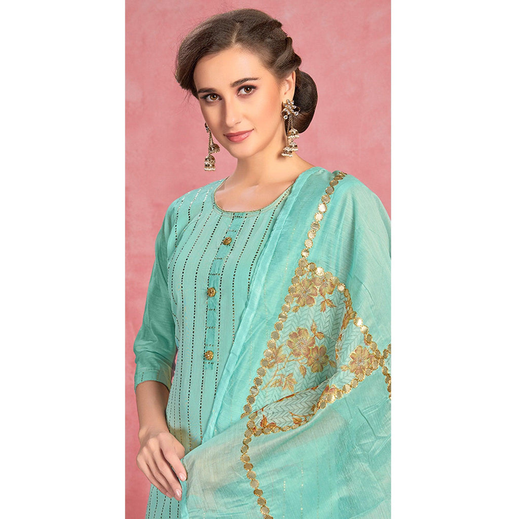 Ideal Turquoise Blue Colored Partywear Embroidered Pure Cotton Dress Material