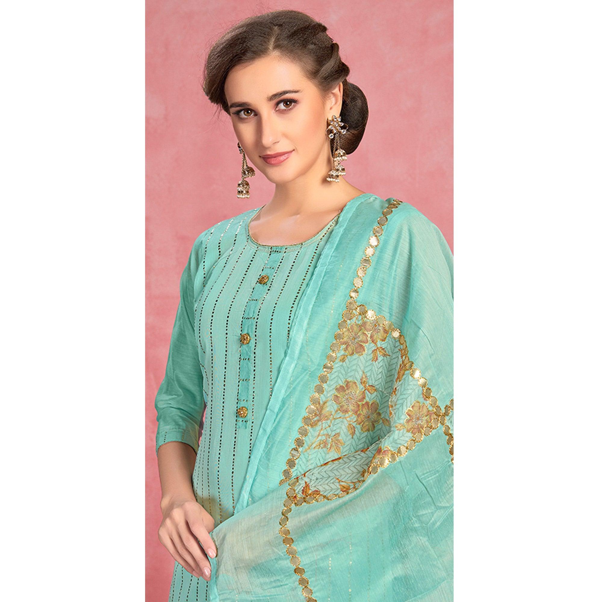 Ideal Turquoise Blue Colored Partywear Embroidered Pure Cotton Dress Material