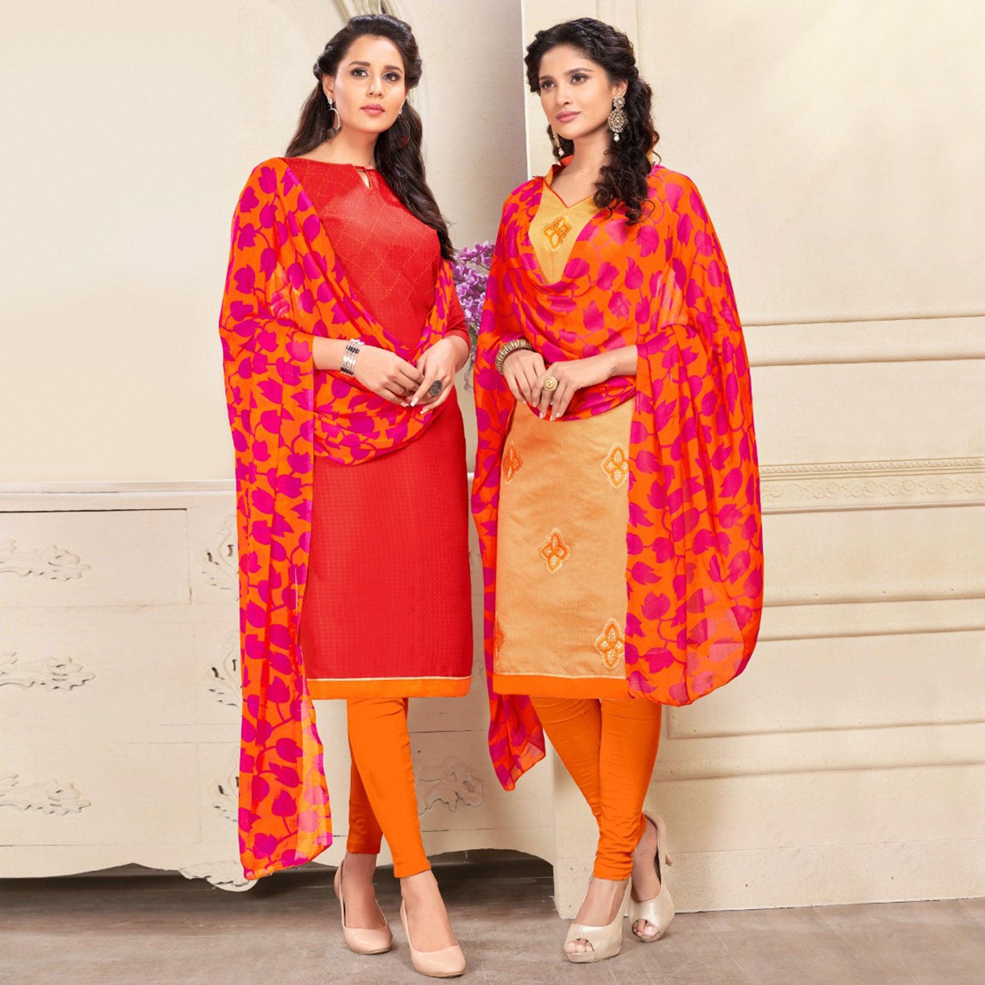 Imposing Red And Beige Colored Dual Top Chanderi - Cotton Dress Material