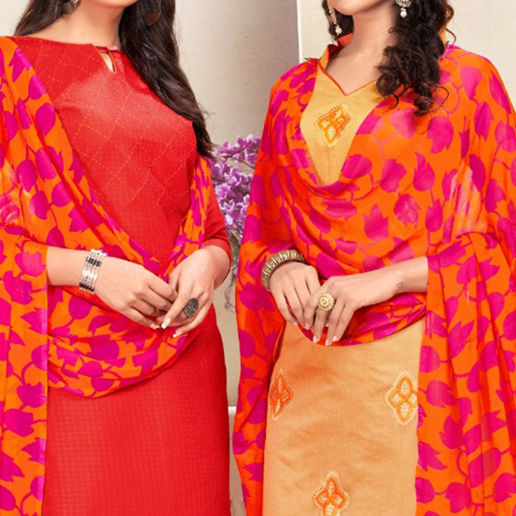 Imposing Red And Beige Colored Dual Top Chanderi - Cotton Dress Material