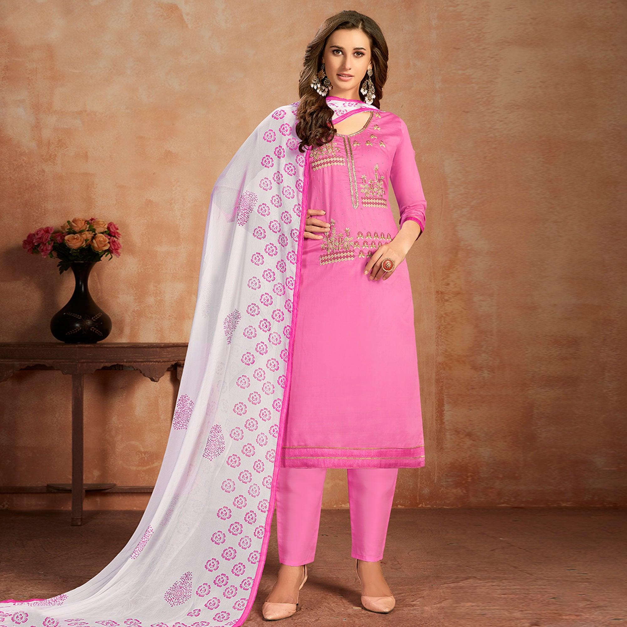 Impressive Pink Colored Partywear Embroidered Pure Cotton Dress Material