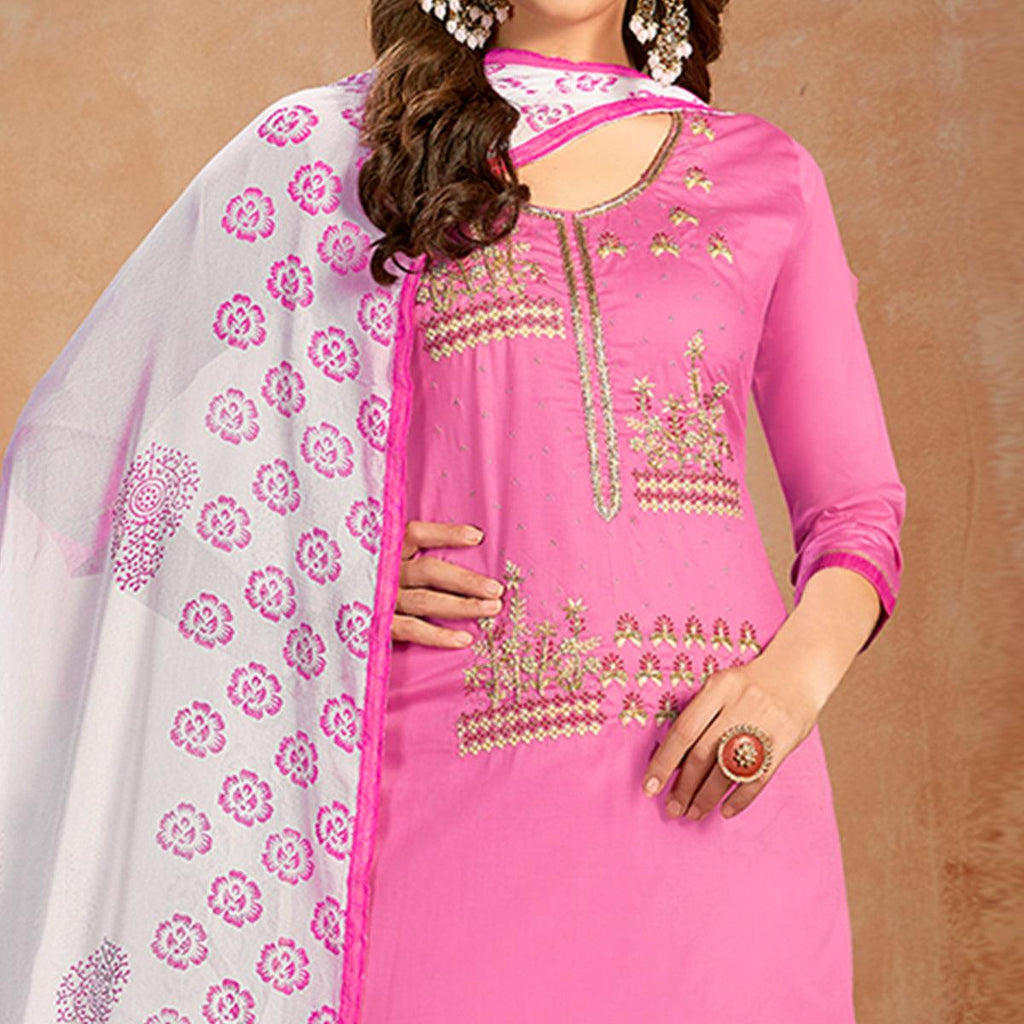 Impressive Pink Colored Partywear Embroidered Pure Cotton Dress Material