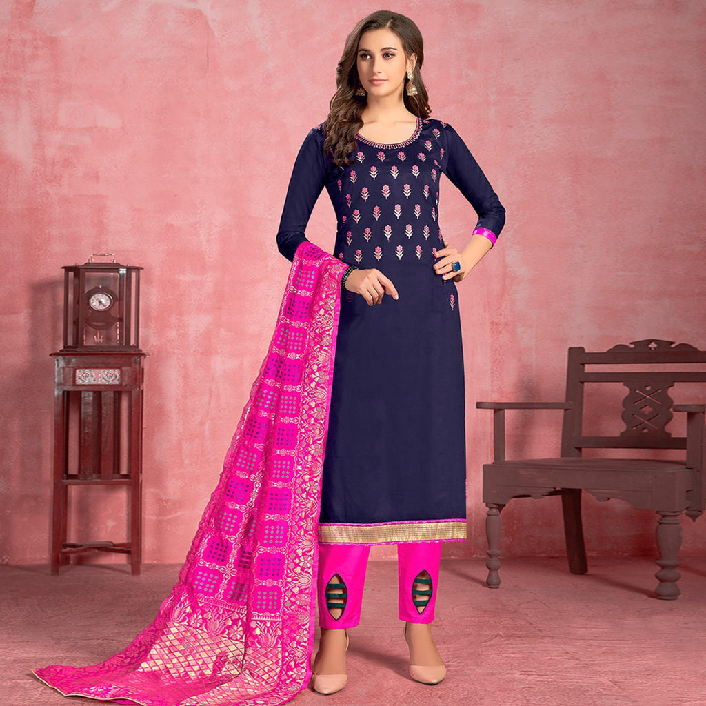 Innovative Navy Blue Colored Partywear Embroidered Pure Cotton Dress Material