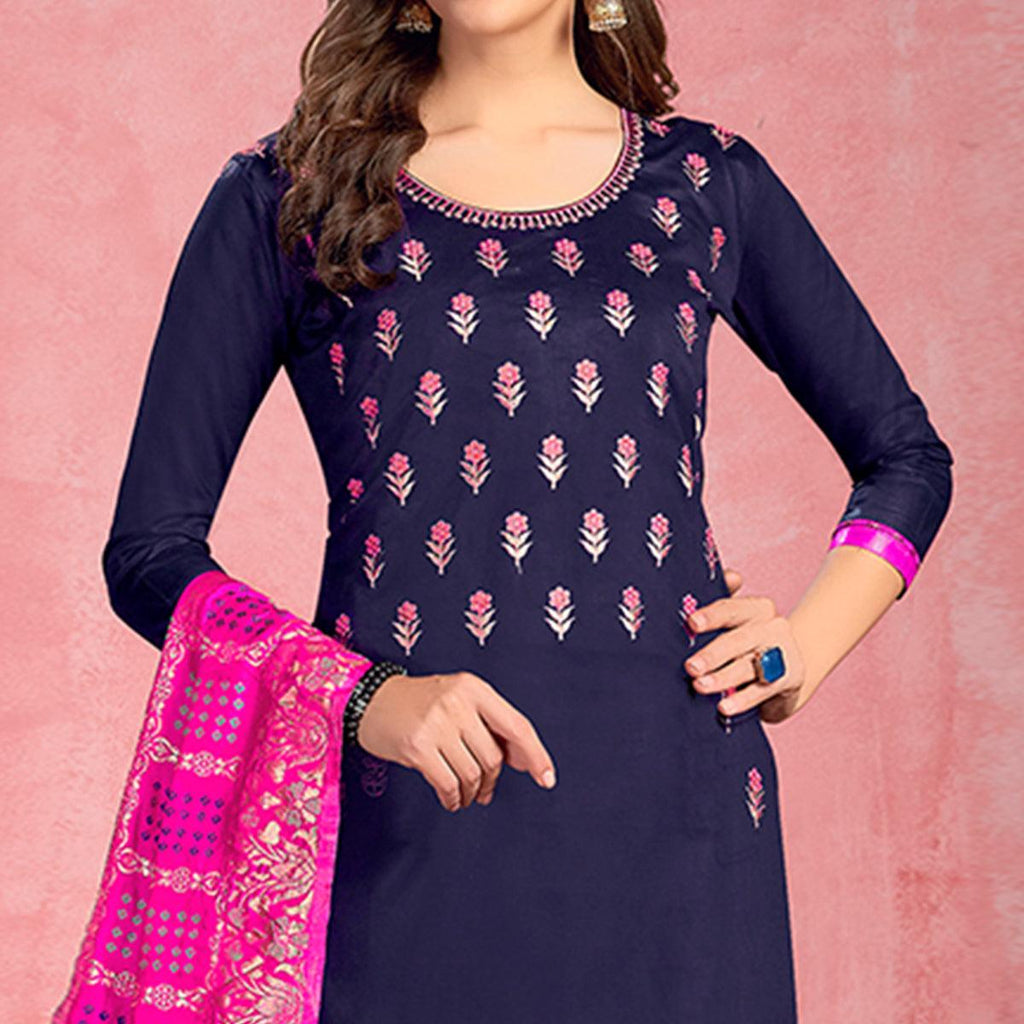 Innovative Navy Blue Colored Partywear Embroidered Pure Cotton Dress Material