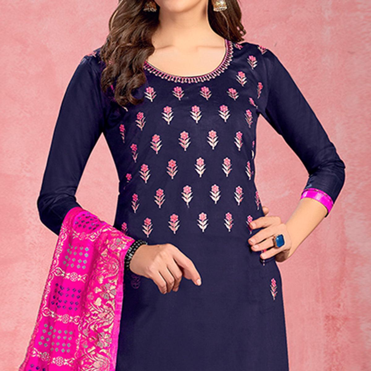 Innovative Navy Blue Colored Partywear Embroidered Pure Cotton Dress Material