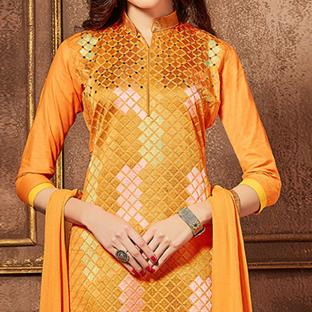 Intricate Orange Colored Party Wear Embroidered Cotton Suit