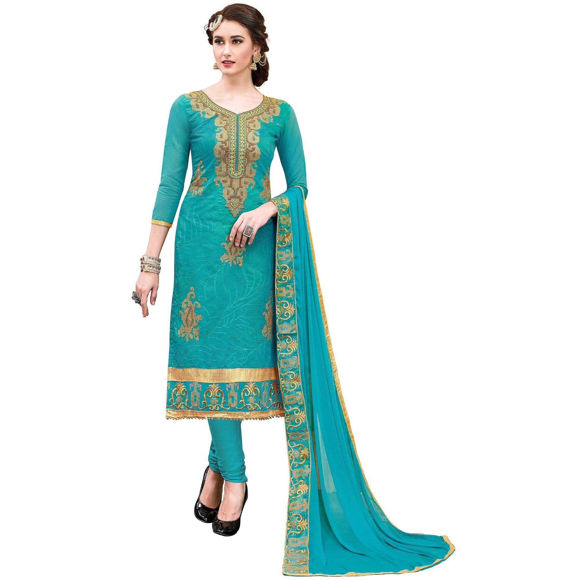 Intricate Rama Green Colored Party Wear Embroidered Modal Dress Material
