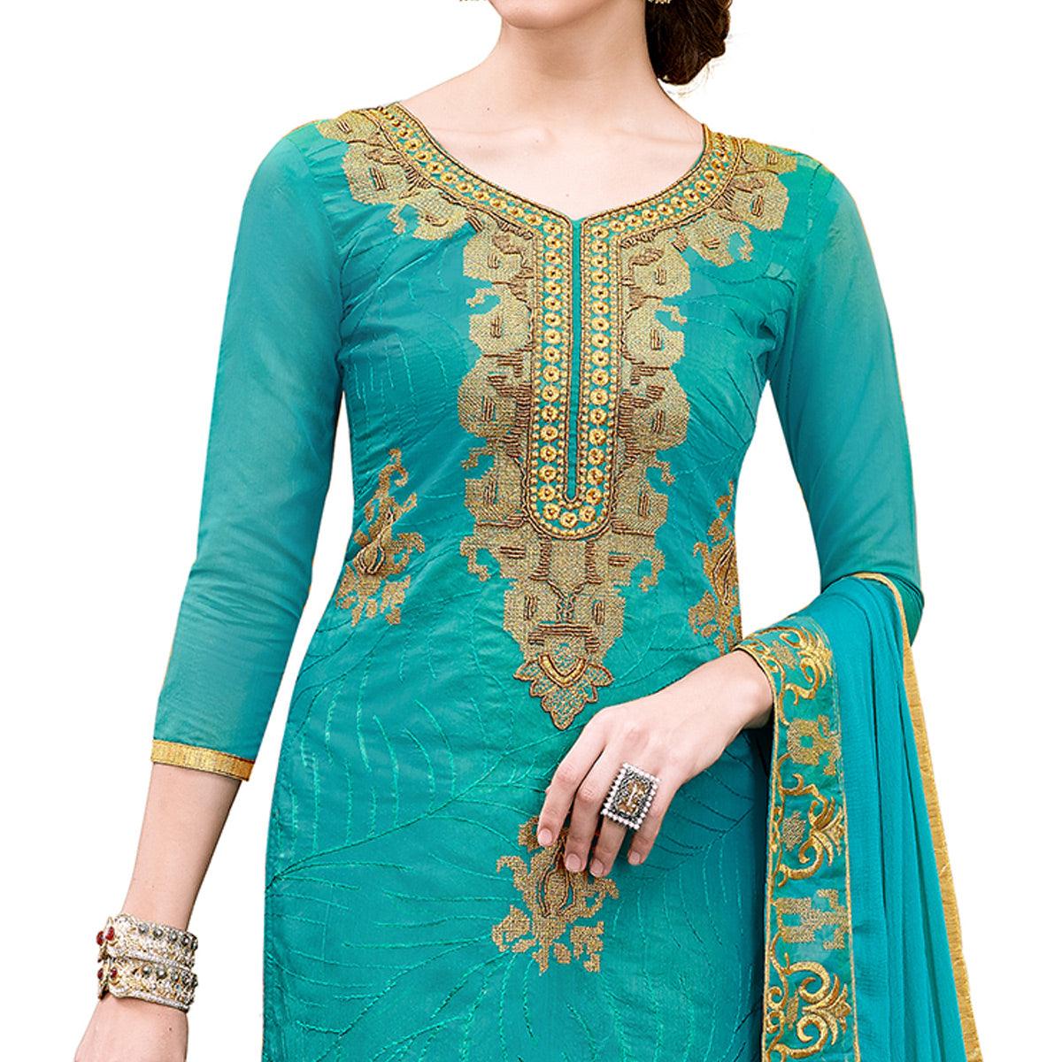 Intricate Rama Green Colored Party Wear Embroidered Modal Dress Material