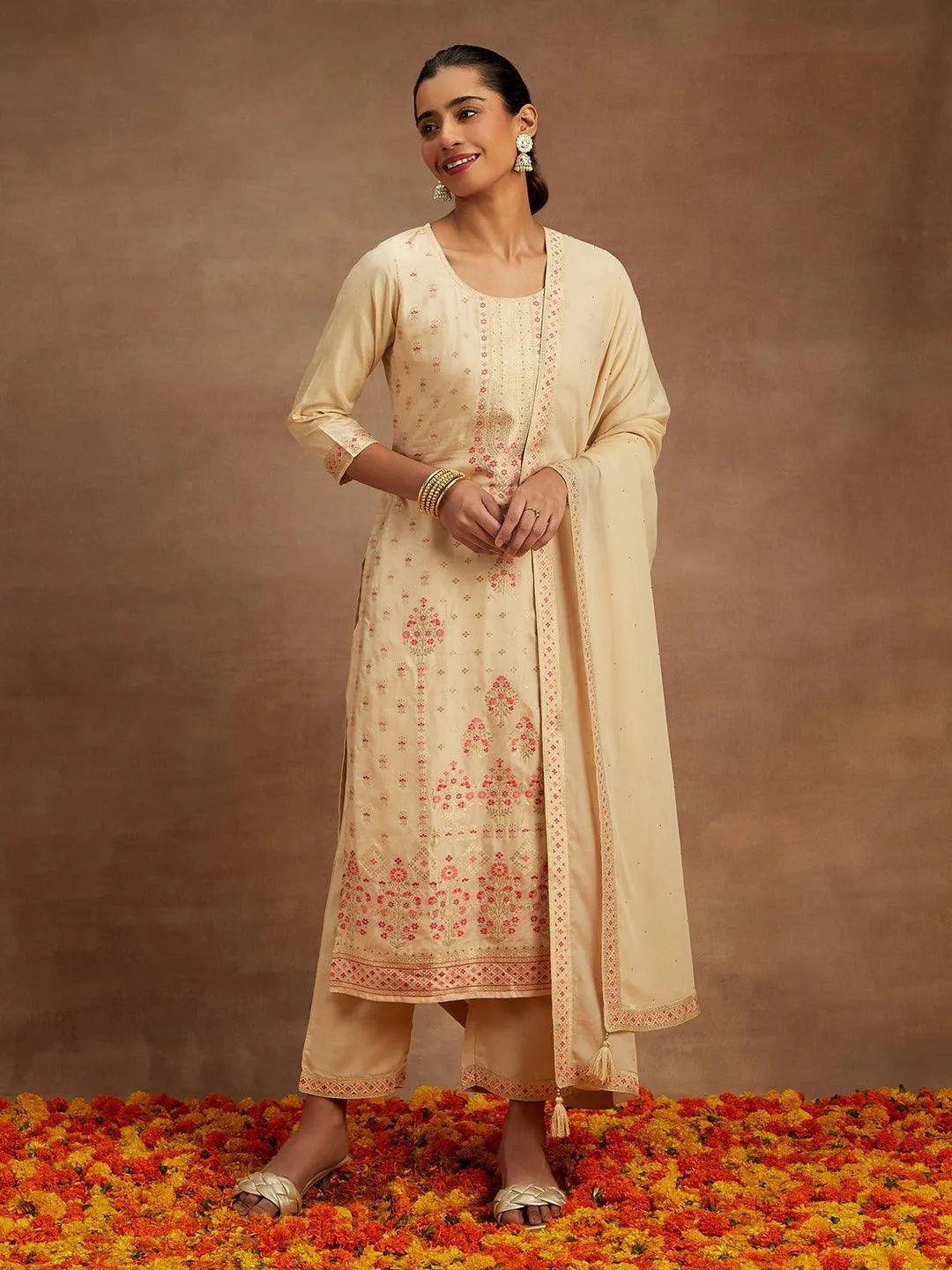 Ivory Woven Design Silk Blend Straight Suit With Dupatta