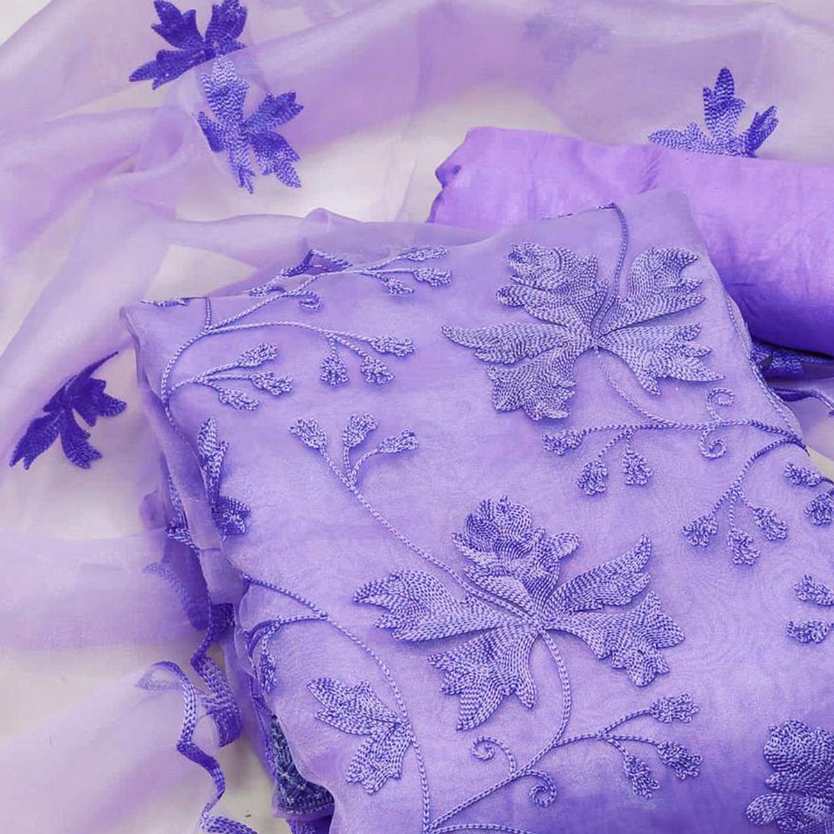 Lavender Embroidered Organza Dress Material