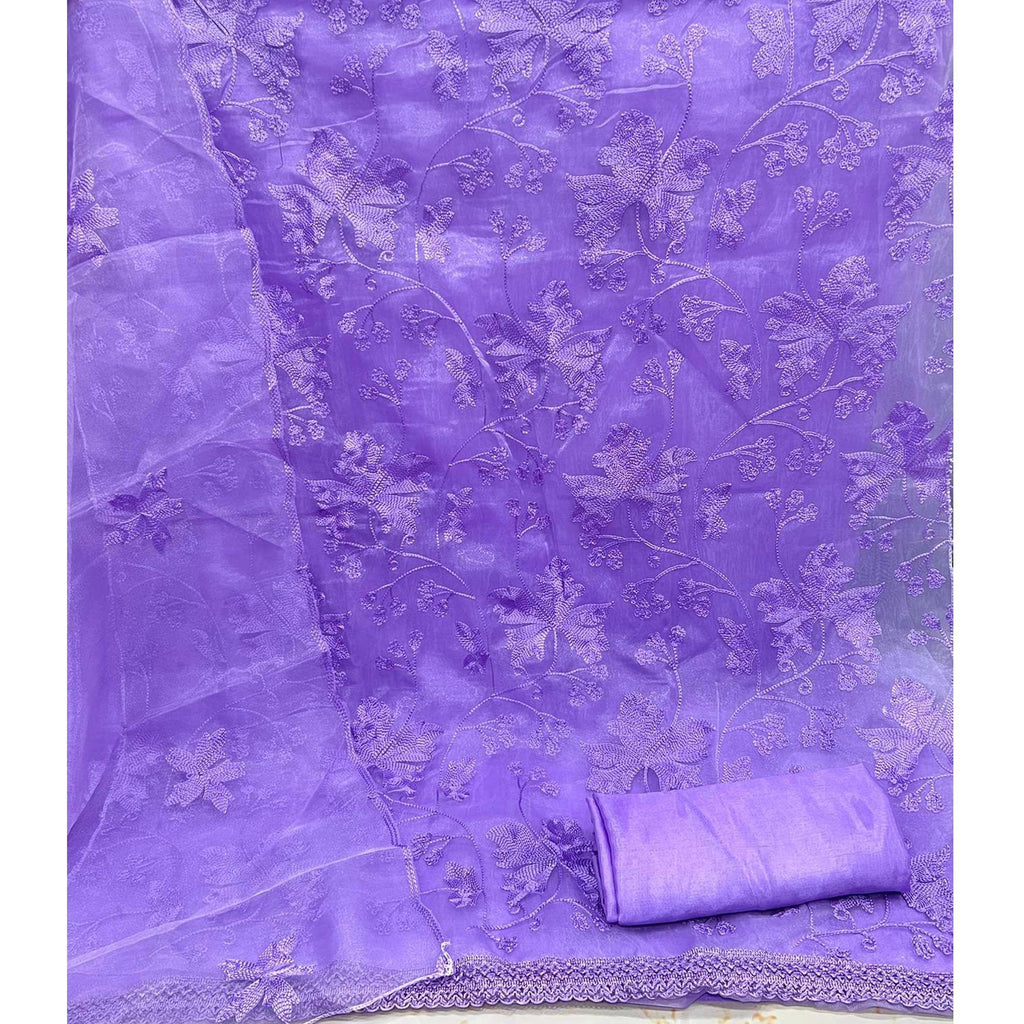 Lavender Embroidered Organza Dress Material