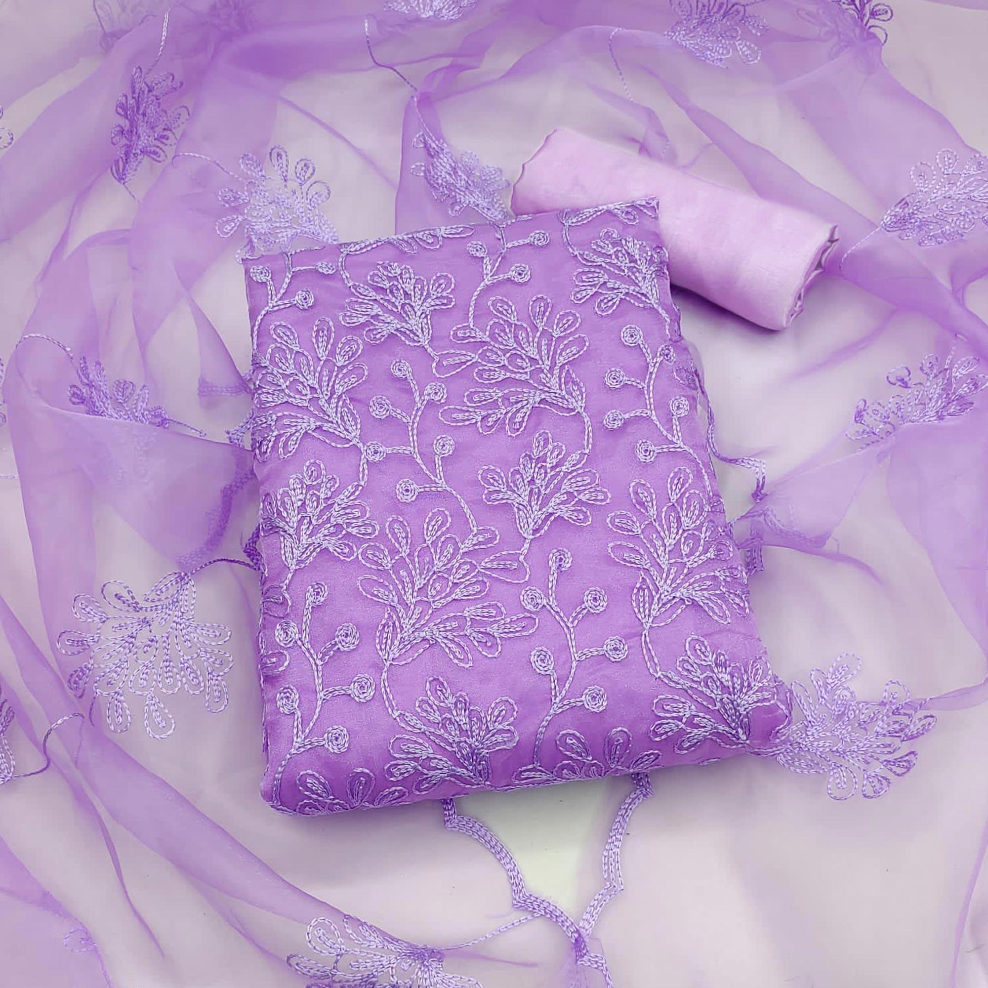 Lavender Floral Embroidered Organza Dress Material