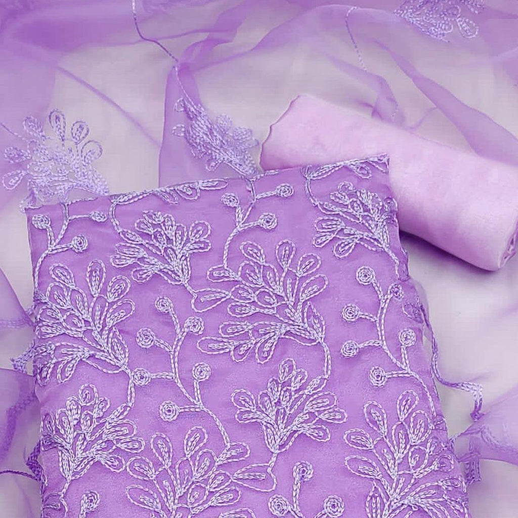 Lavender Floral Embroidered Organza Dress Material