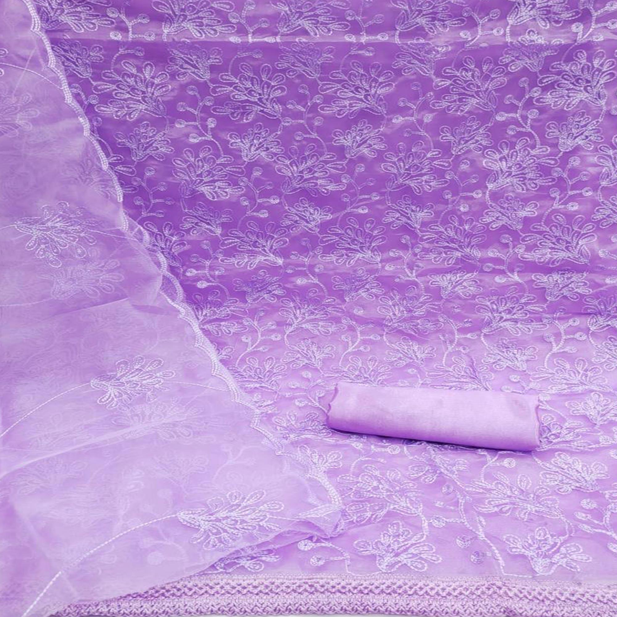 Lavender Floral Embroidered Organza Dress Material