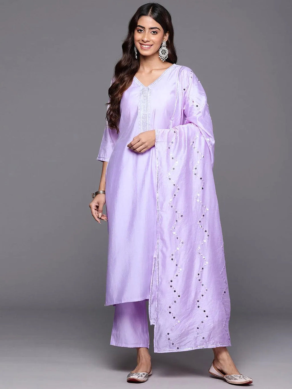 Lavender Yoke Design Silk Blend Straight Suit With Dupatta