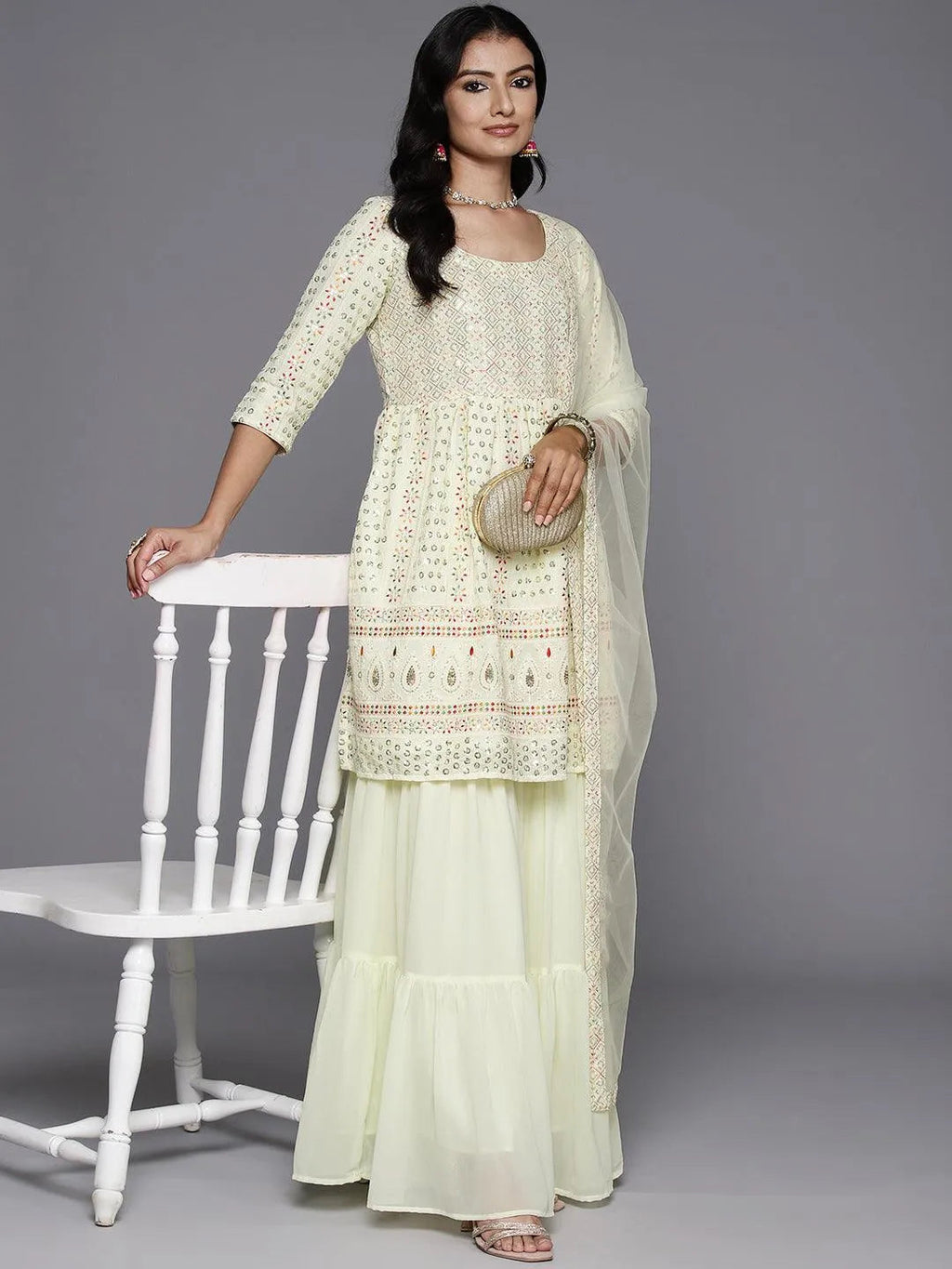 Lemon Embroidered Georgette A-Line Sharara Suit Set With Dupatta