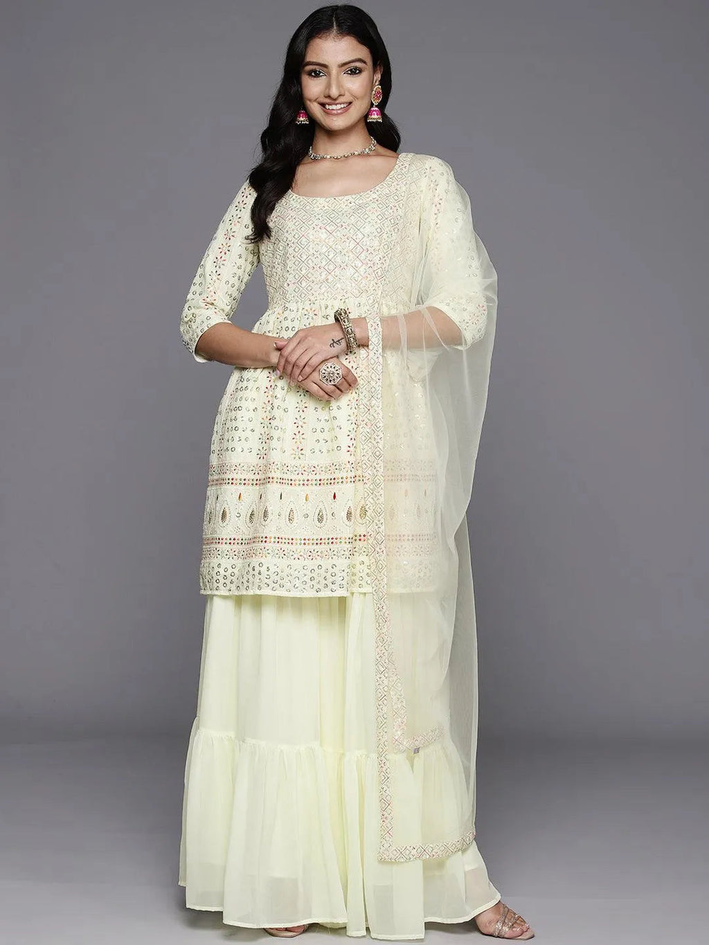Lemon Embroidered Georgette A-Line Sharara Suit Set With Dupatta