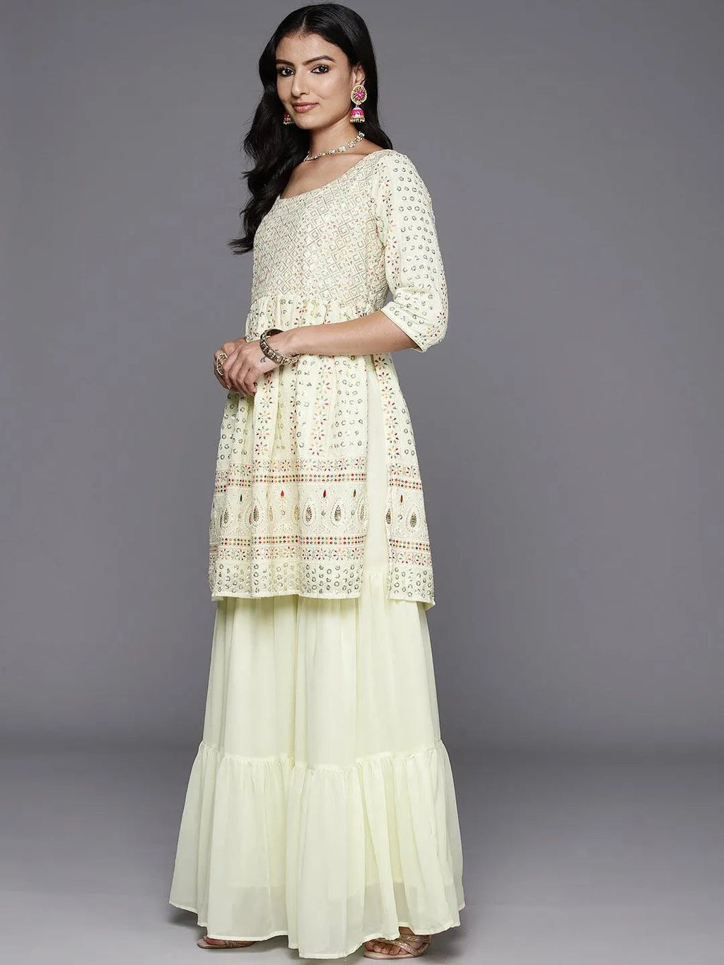 Lemon Embroidered Georgette A-Line Sharara Suit Set With Dupatta