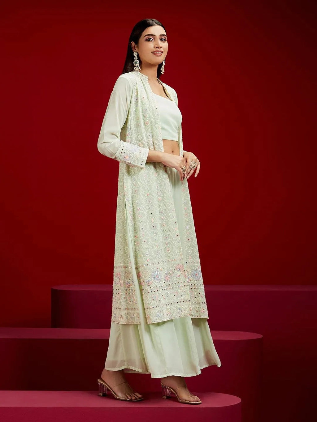 Libas Art Green Embroidered Georgette 3 Piece Co-Ords