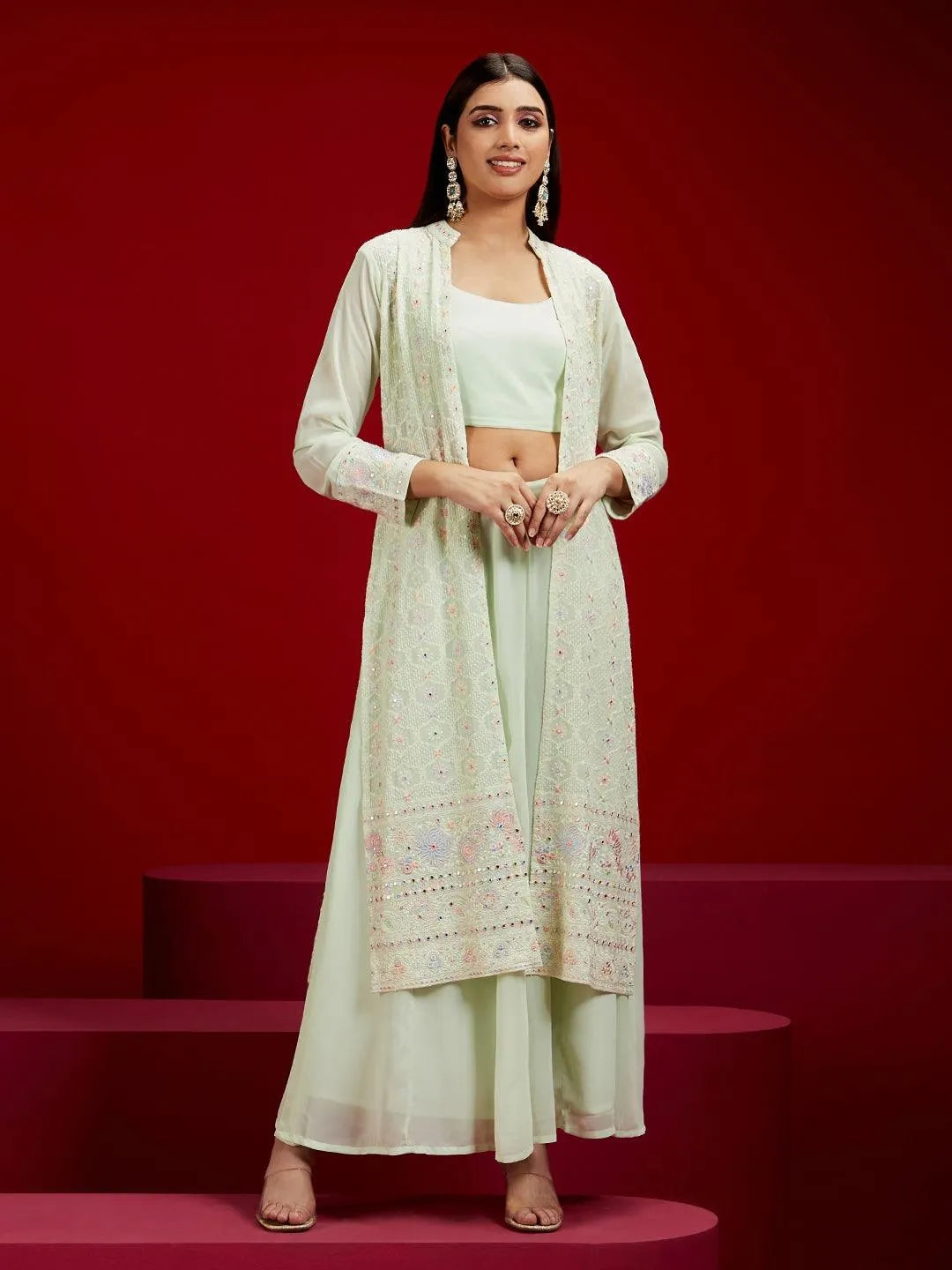 Libas Art Green Embroidered Georgette 3 Piece Co-Ords