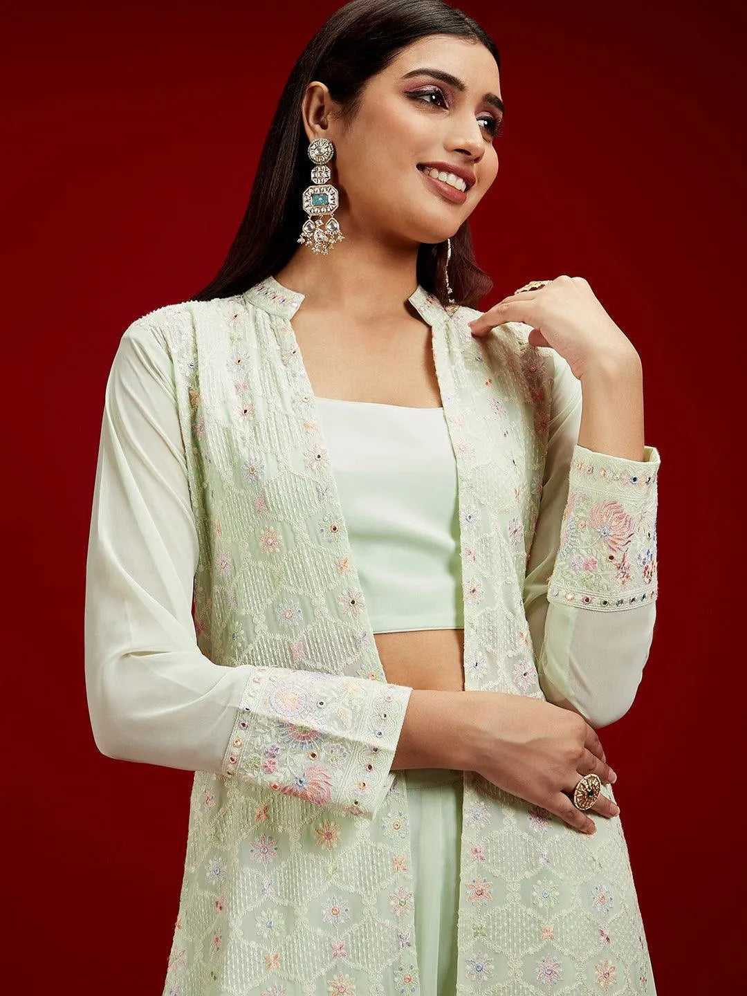Libas Art Green Embroidered Georgette 3 Piece Co-Ords