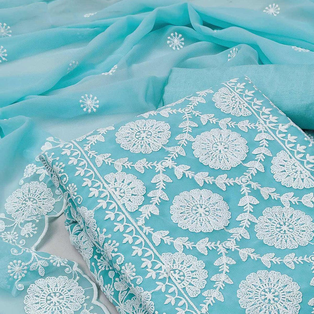Light Blue Floral Embroidered Georgette Dress Material