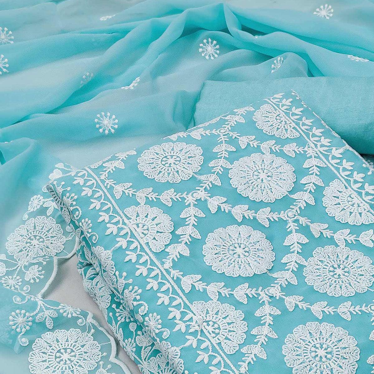Light Blue Floral Embroidered Georgette Dress Material
