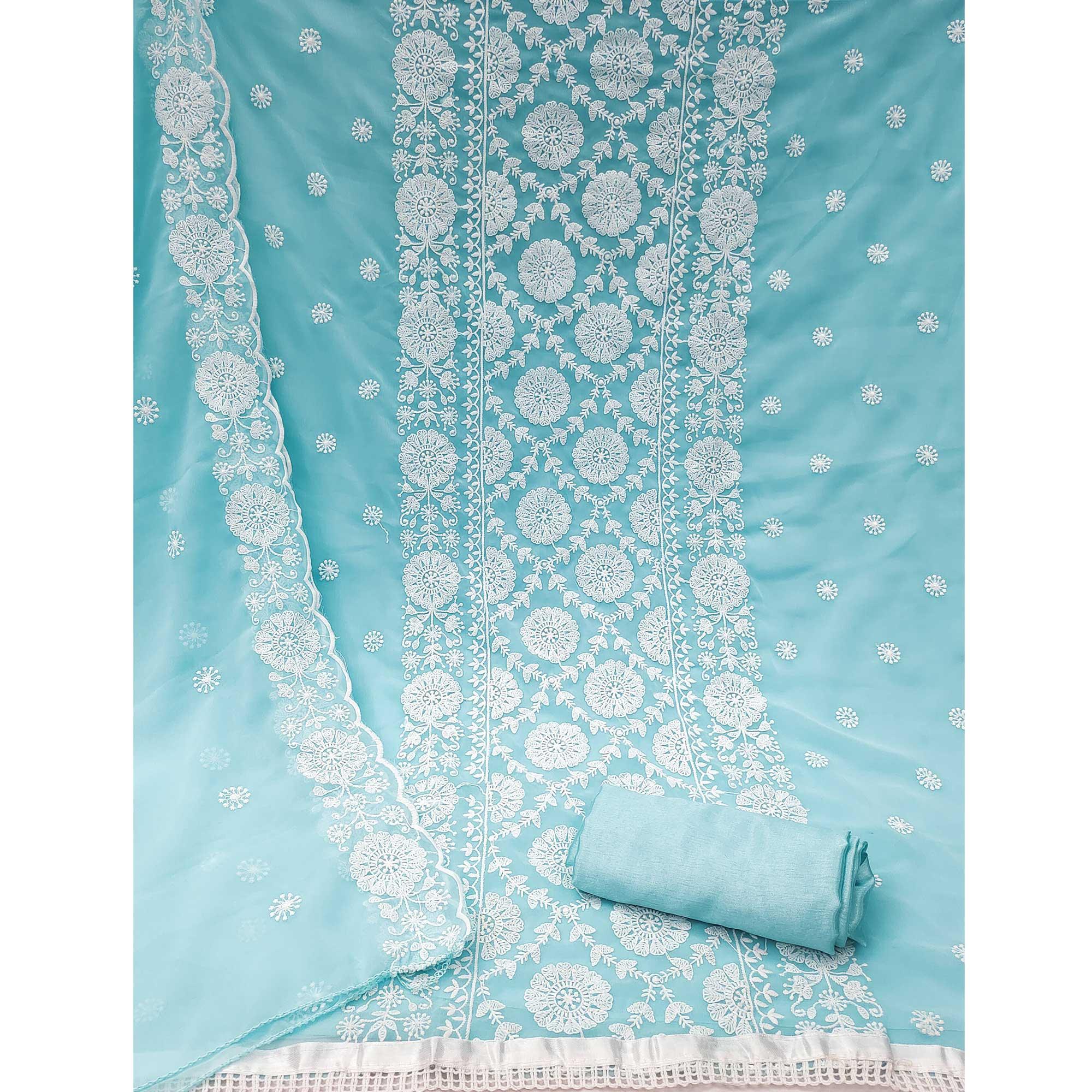 Light Blue Floral Embroidered Georgette Dress Material