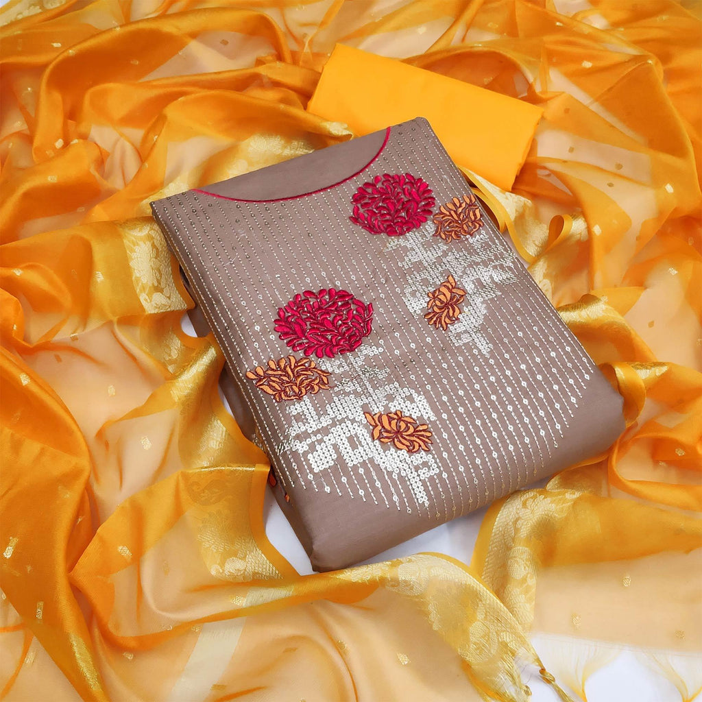 Light Brown Festive Wear Floral Embroidered Cotton Dress Material