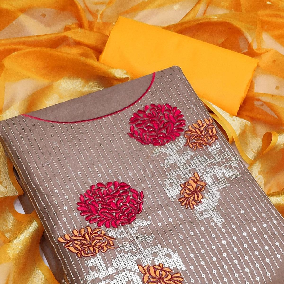 Light Brown Festive Wear Floral Embroidered Cotton Dress Material
