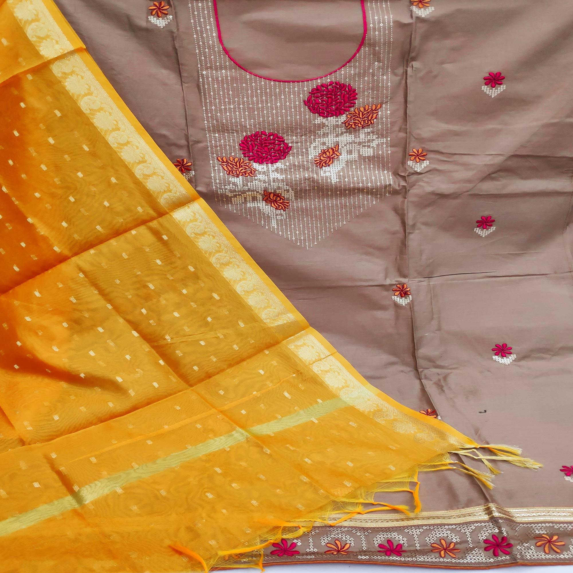 Light Brown Festive Wear Floral Embroidered Cotton Dress Material