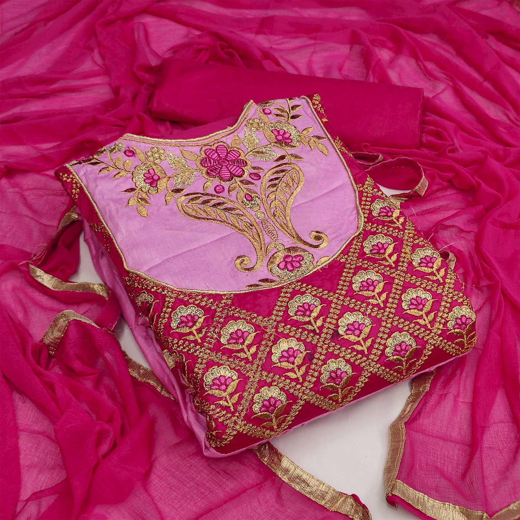 Light Pink Casual Wear Floral Embroidered Work Cotton Dress Material