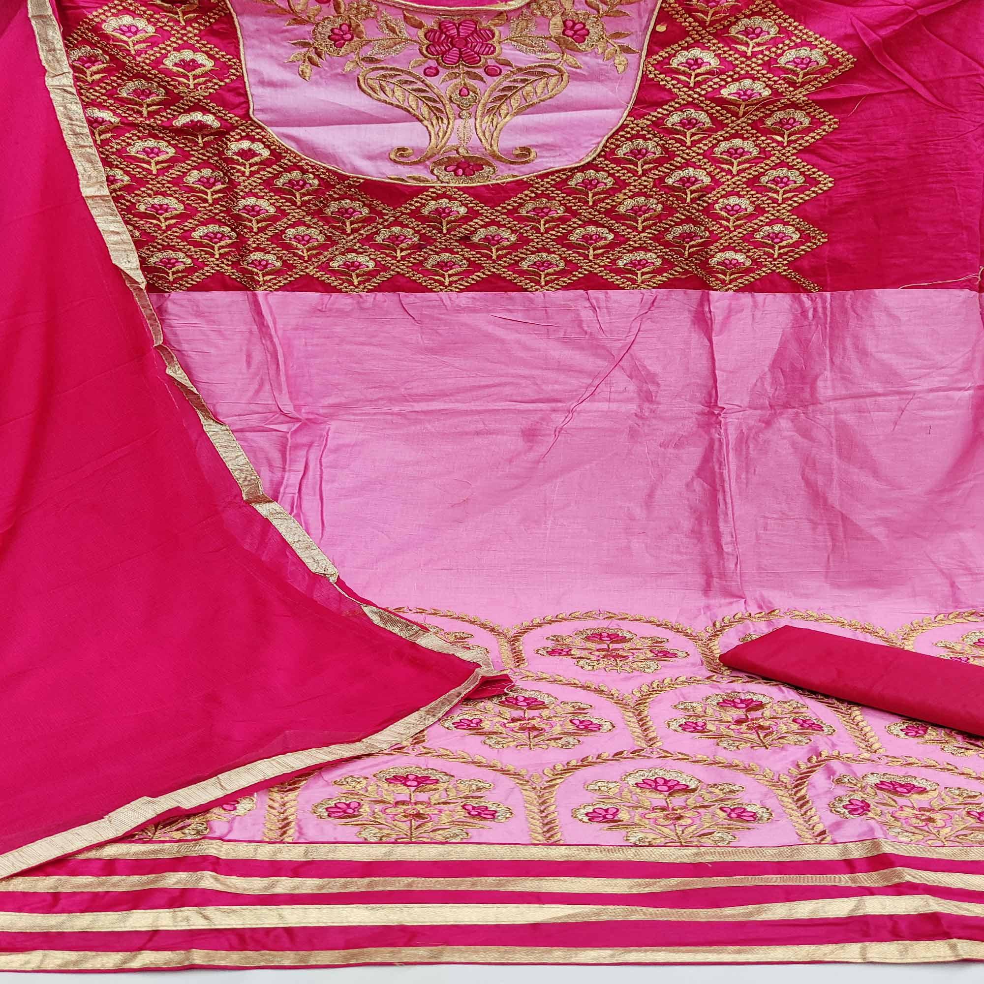 Light Pink Casual Wear Floral Embroidered Work Cotton Dress Material