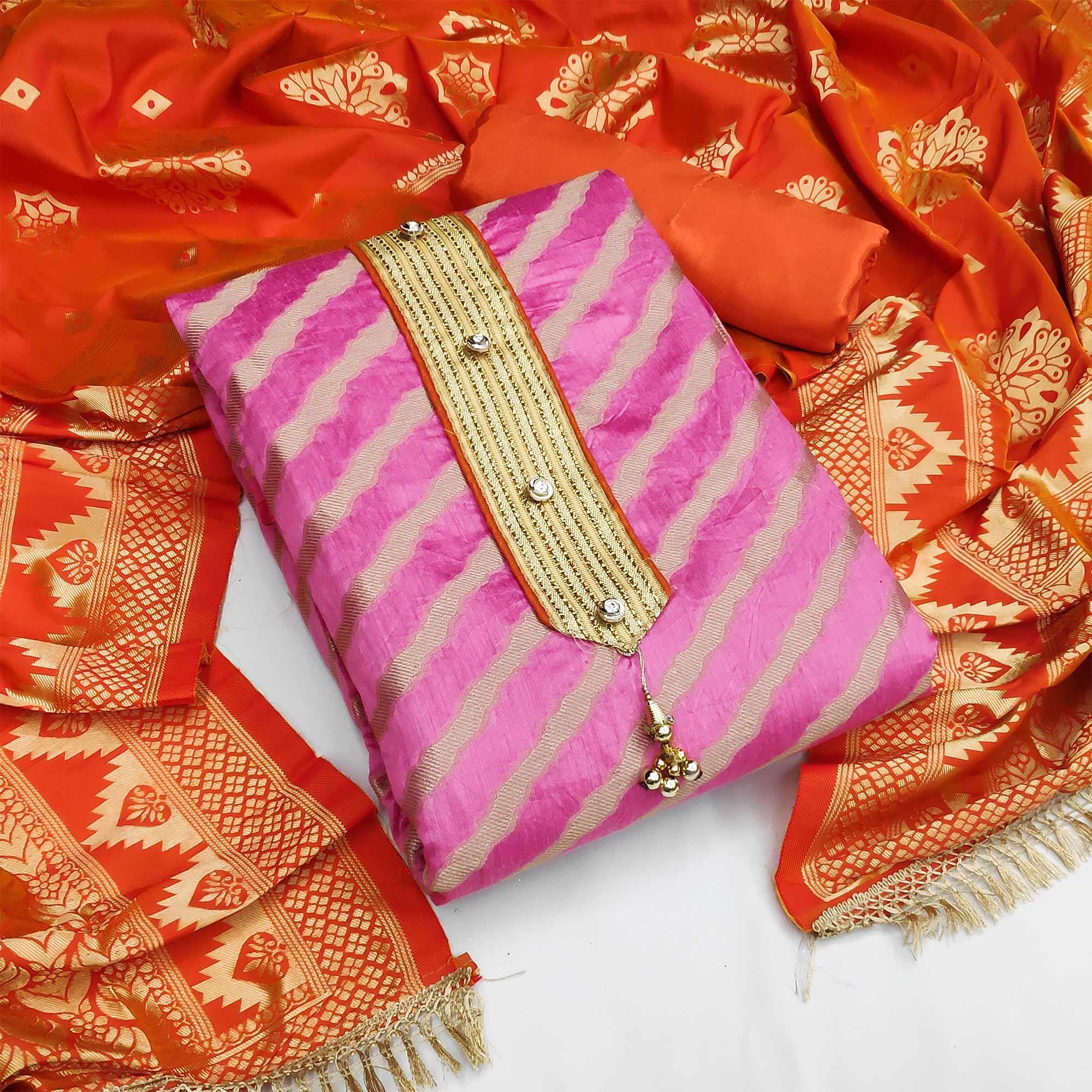 Light Pink Festive Wear Lehriya Designer Woven Banarasi Silk Dress Material