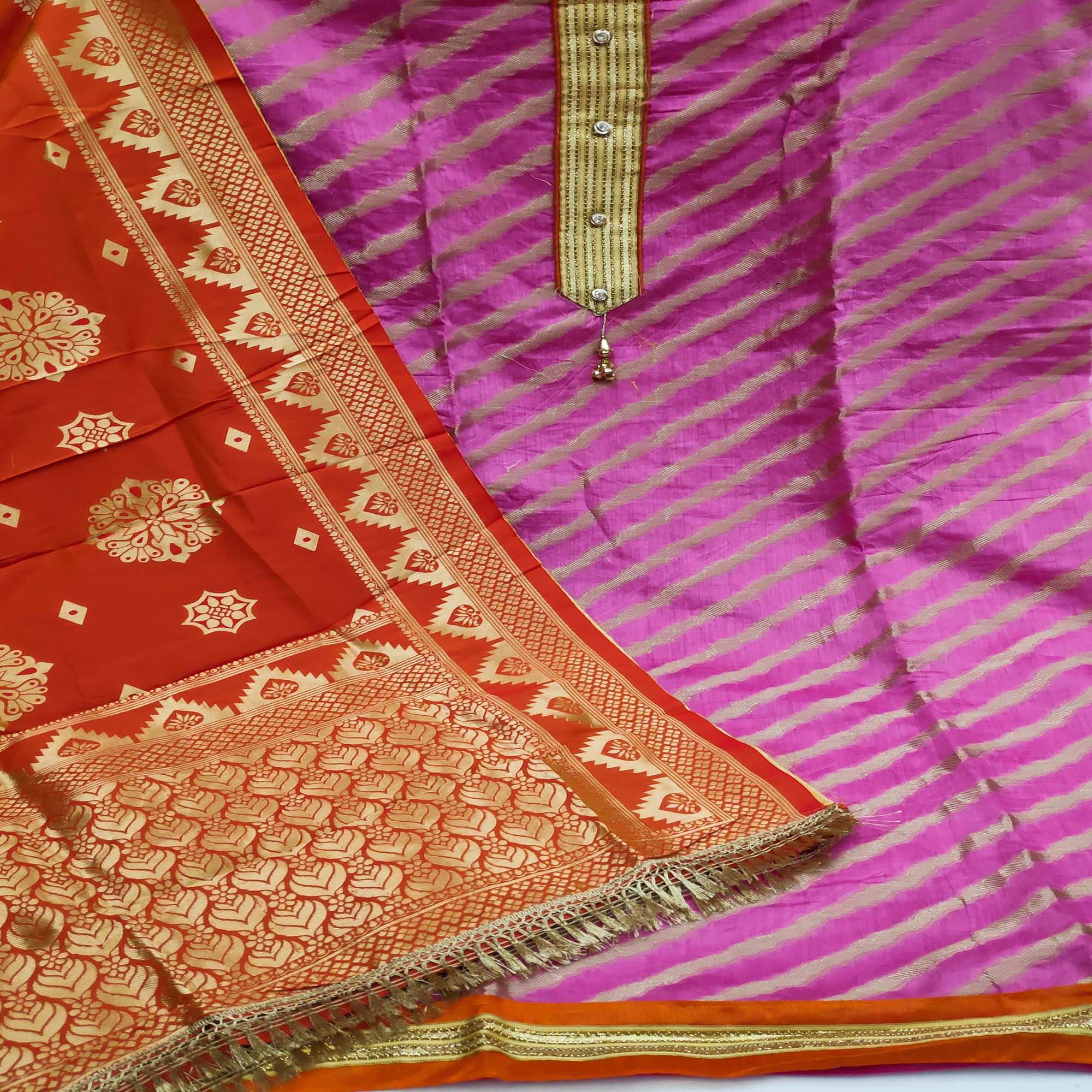 Light Pink Festive Wear Lehriya Designer Woven Banarasi Silk Dress Material