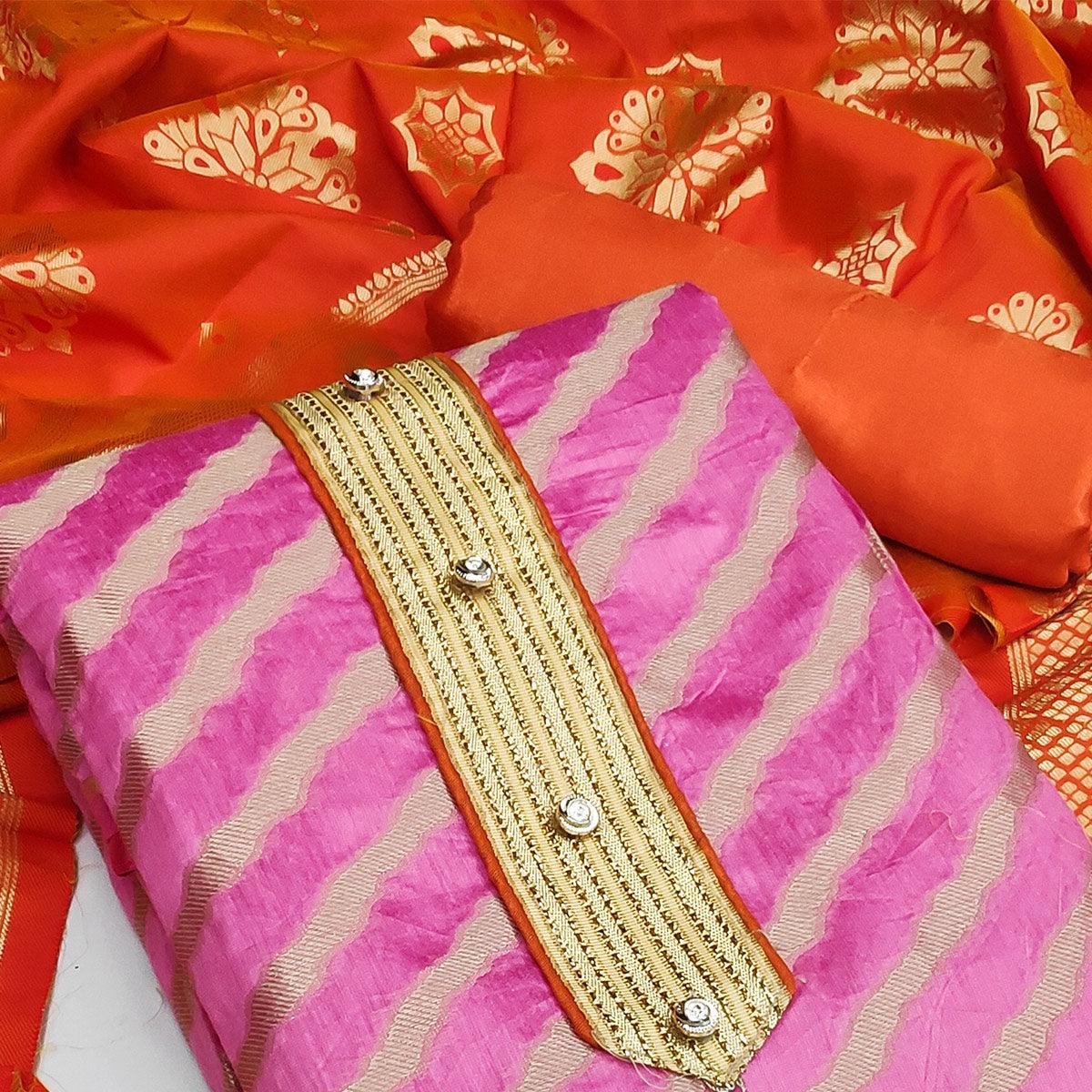 Light Pink Festive Wear Lehriya Designer Woven Banarasi Silk Dress Material