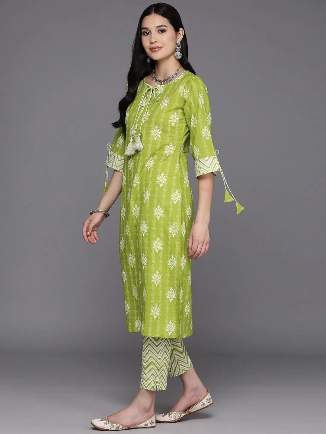 Lime Green Printed Cotton Straight Kurta With Trousers & Dupatta