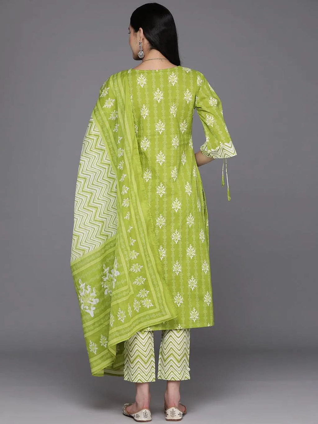 Lime Green Printed Cotton Straight Kurta With Trousers & Dupatta