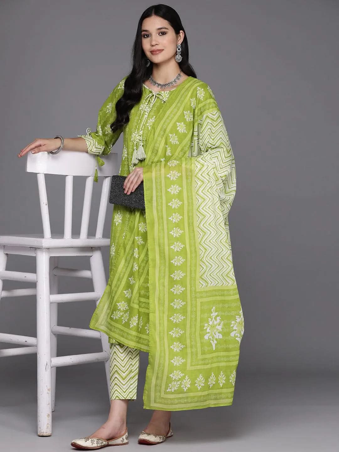 Lime Green Printed Cotton Straight Kurta With Trousers & Dupatta