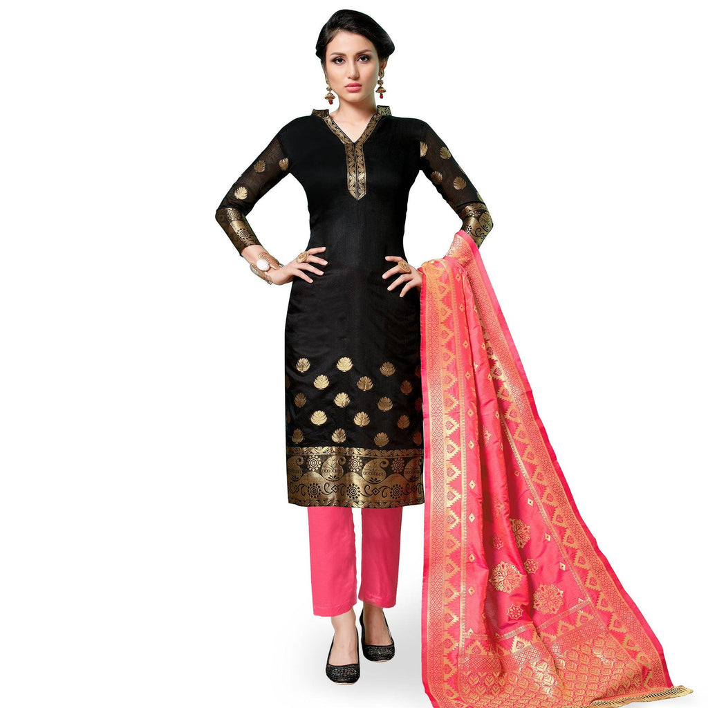 Lovely Black Colored Partywear Woven Cotton Dress Material