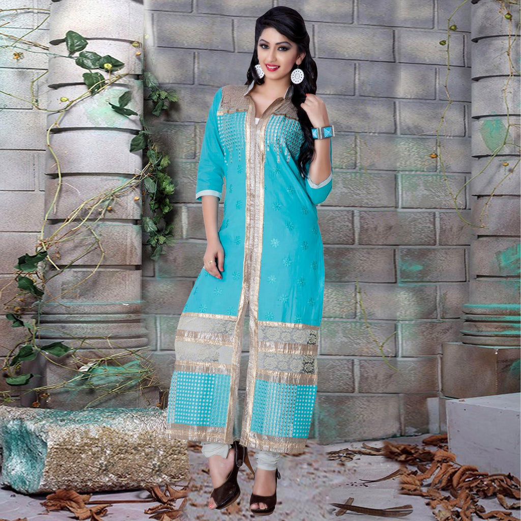 Lovely Sky Blue Colored Party Wear Embroidered Cotton Dress Material