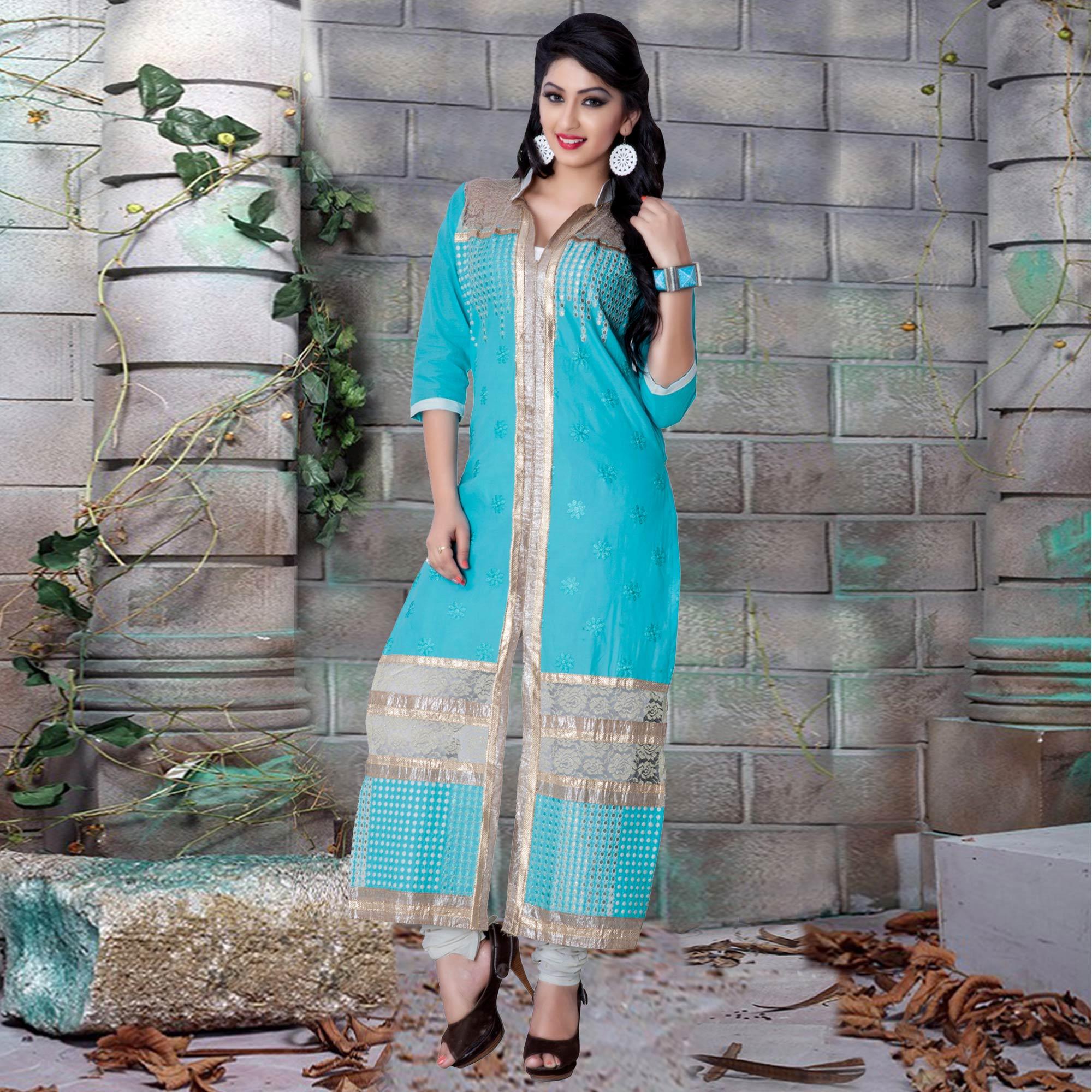 Lovely Sky Blue Colored Party Wear Embroidered Cotton Dress Material
